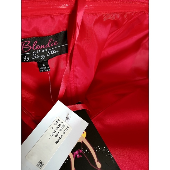 Blondie Nights Bow Ruffle Strapless Satin Fit-and-Flare Dress - Red - Picture 13 of 16